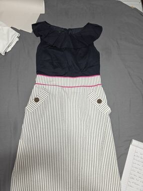 AGB Navy Bodice Midi Dress with White Pinstripe Skirt and Pink Trim